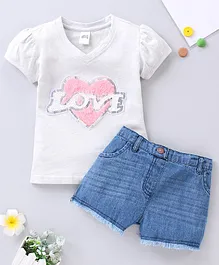 Spring Bunny Short Sleeves Love Patch Top With Raw Hem Shorts - White Blue