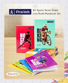 Pine Kids Premium A4 Sports Series Single Line Ruled Exercise Notebook Set Pack of 6 - 212 Pages Each