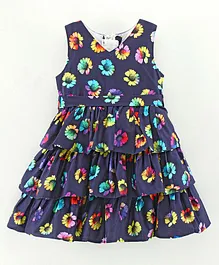 Rassha Sleeveless Floral Print Frill Frock With Back Knot  - Navy Blue