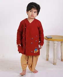 CHAKORI Full Sleeves Elephant Embroidered Ethnic Kurta With Dhoti - Maroon