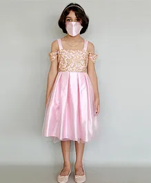 Heykidoo Cold Shoulder Box Pleated  Embroider Frock & Matching Mask- Light Pink