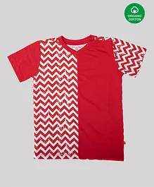 Nino Bambino Half Sleeves Zig-Zag Half-N-Half Print 100% Organic Cotton Tee - Red