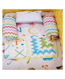 Little By Little 100% Organic Muslin ABCD Cot Bedding Set with Baby Dohar Blanket - Multicolor
