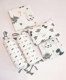 Little By Little 100% Organic Cotton Dino Printed Cot Bedding Set with Rai Pillow - White