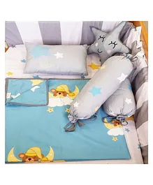 Little By Little 100% Organic Cotton Sweet Dreams And Teddy Printed Cot Bedding Pack of 6 - Blue