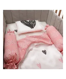 Oranges And Lemons Organic Cotton 4 Piece Cot Bedding Set With Dohar Heart Print - White Pink