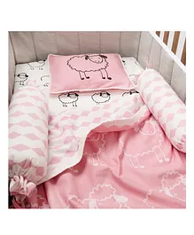 Oranges And Lemons Organic Cotton 4 Pieces Cot Bedding Set With Dohar Sheep Print - Pink
