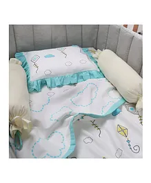 Oranges And Lemons Organic Cotton 4 Pieces Cot Bedding Set With Dohar Kite Print - Aqua