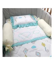 Oranges And Lemons Organic Cotton 4 Pieces Cot Bedding Set with Quilt Kite Print - Aqua