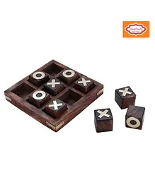 ShrijiCrafts Noughts and Crosses Game Brass Wooden Tic Tac Toe Game - Brown