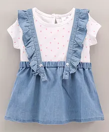 Button Noses Ruffle Sleeves Frock with Cap Sleeves Top Polka Dot Print - Blue