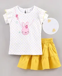 Button Nose Half Sleeves Top & Skirt Set Bunny Embroidered - Yellow White