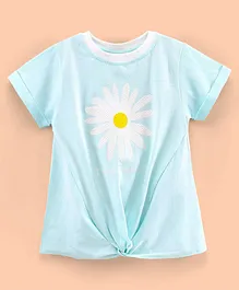 Button Noses Half Sleeves Knotted Top Flower Print - Sky Blue