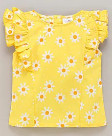 Button Noses Short Sleeves Top With Frill Detailing Flower Print - Yellow