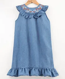 Button Noses Sleeveless Denim Frock Floral Embroidered - Blue