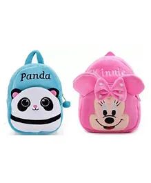 PROERA Panda & Minnie Kids School Bag  Soft Plush Blue Pink - Height 12 Inches