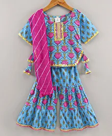 Teentaare Half Sleeves Cotton Kurti and Sharara and Dupatta Set Printed - Pink Blue