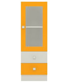 adona minerva bookshelfcumstorage cabinet with glass shutter & 2 drawers  mango yellow