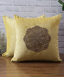 Eyda Velvet Floral Beaded Cushion Cover Pack of 2 - Yellow
