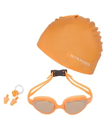 Strauss Swimming Goggles Set with Cap Earplugs and Noseclips - Orange