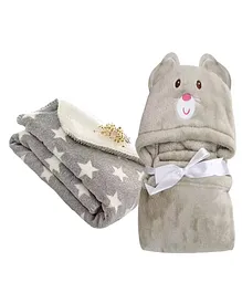 BABYZONE Hooded Wearable Blanket & Baby Blanket Combo Star Print & Bear Applique - Grey