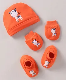 Simply Cotton Cap Mitten & Booties Set Animal Print Orange - Cap Diameter 11 cm