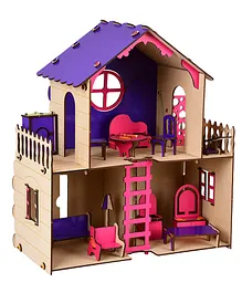 EQIQ Wooden Doll House with Furniture Set of 11 Pieces - Multicolour