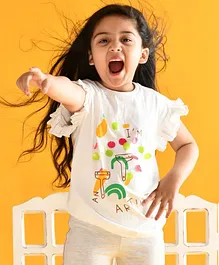Anthrilo Half Sleeves Ruffle Detailing & Artist Print Tee - White