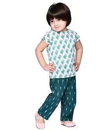 Olesia Half Sleeves Printed Top & Ikat Print Pajama - Green & White