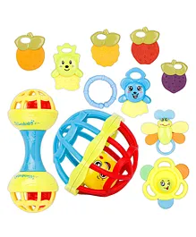 Fiddlerz Rattle Teether With Mini Bell Shaker And Handstick Pack of 11 - Multicolour