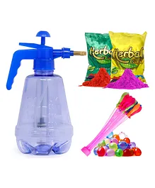 Fiddlerz 3 in 1 Holi Combo for Holi Celebration Pack Contains 1 Water Pump 37 Pcs Water Balloon 2 Packet Herbal Gulal - Multicolour