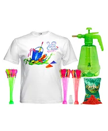 Fiddlerz Holi Combo 4 in 1 for Holi Celebration Pack Contain 1 Water Pump 111 Pcs Magic Water Balloon 1 Packet Gulal & 1 T-Shirt (Assorted Color & Design)
