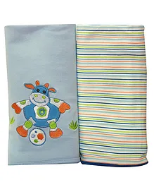 Kiwi Baby Blankets Cow Embroidery And Stripe Pack of 2 - Blue Green 