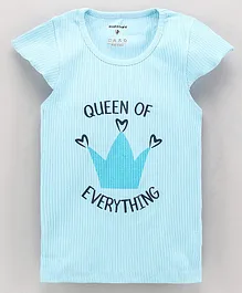 Stupid Cupid Half Sleeves Queen Of Everything Print Ribbed Detail Top - Blue