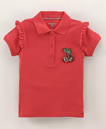 Stupid Cupid Half Sleeves Studded Cherry Patch Detailing Polo Tee - Red
