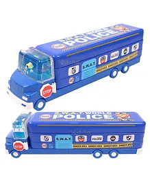 Toyshine Aqua Splash Police Car School Bus Themed Metal Pencil Box with Moving Tyres & Sharpener - Blue