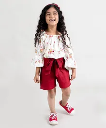 Fairies Forever Three Fourth Sleeves Floral Print Off Shoulder Top With Shorts - White Maroon