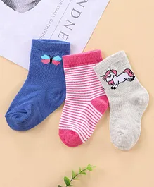 Cute Walk by Babyhug Ankle Length Antibacterial Socks Unicorn Stripe And Butterfly Design Pack Of 3 - Pink Blue White