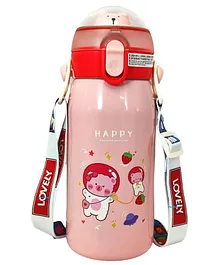 FunBlast BPA Free Double Walled Vacuum Insulated Stainless Steel Cartoon Print Water Bottle with Straw Light Pink- 530 ML
