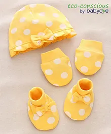 Babyoye Cotton Cap Mitten & Booties Set With Bow Applique - Yellow
