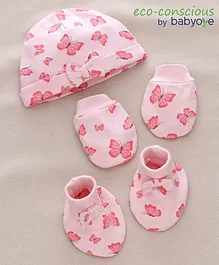 Babyoye Cotton Cap Mitten & Booties Set With Bow Applique Butterfly Print - Pink