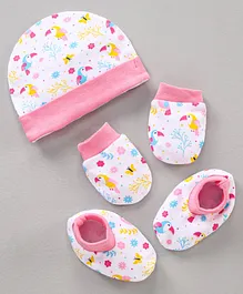 Babyhug 100% Cotton Cap Mitten & Booties Set Bird Print - Pink White