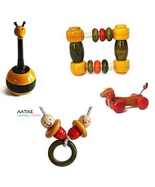 Aatike Wooden Push n Go Toys Rattles & Teethers Combo of 4 - Multicolor