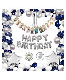 Bubble Trouble Happy Birthday Balloons Decoration Kit Combo 13 letter banner 1st Birthday Dark Blue Silver White Theme - Pack of 67