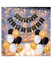 Bubble Trouble Balloons Happy Birthday Banner With Fairy Light & Balloons Black Golden - Pack of 32