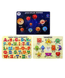 Enjunior Box Alphabets Solar System & Shapes Wooden Puzzle With Knobs Multicolor - 46 Pieces