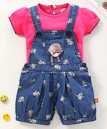 Wow Clothes Dungaree With Half Sleeves Inner Tee Unicorn Print - Dark Pink