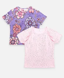 Lilpicks Couture Pack Of 2 Half Sleeves Floral & Stars Print Tops - Pink & Blue