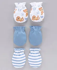 Babyhug 100% Cotton Mittens Striped And Tiger Print Pack of 3 - Blue White