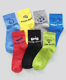 Pine Kids Ankle Length Anti Microbial Washed Socks Text Design Pack Of 7 - Blue Yellow Green Red Black Grey